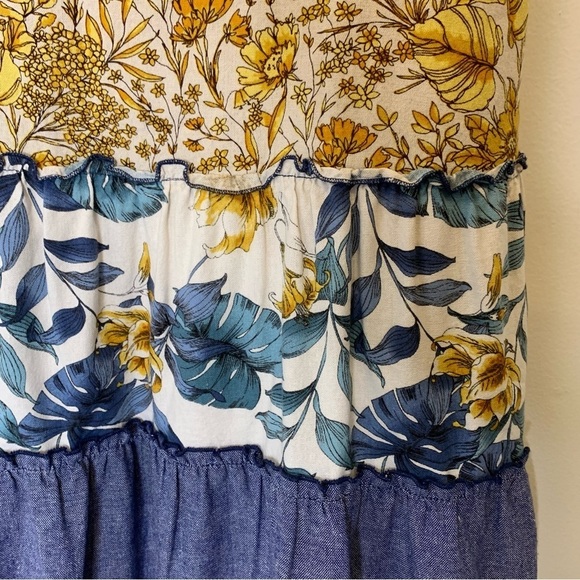 Hummingbird rayon/linen yellow & blue floral tiered boho tunic/dress. Size M - Picture 4 of 9